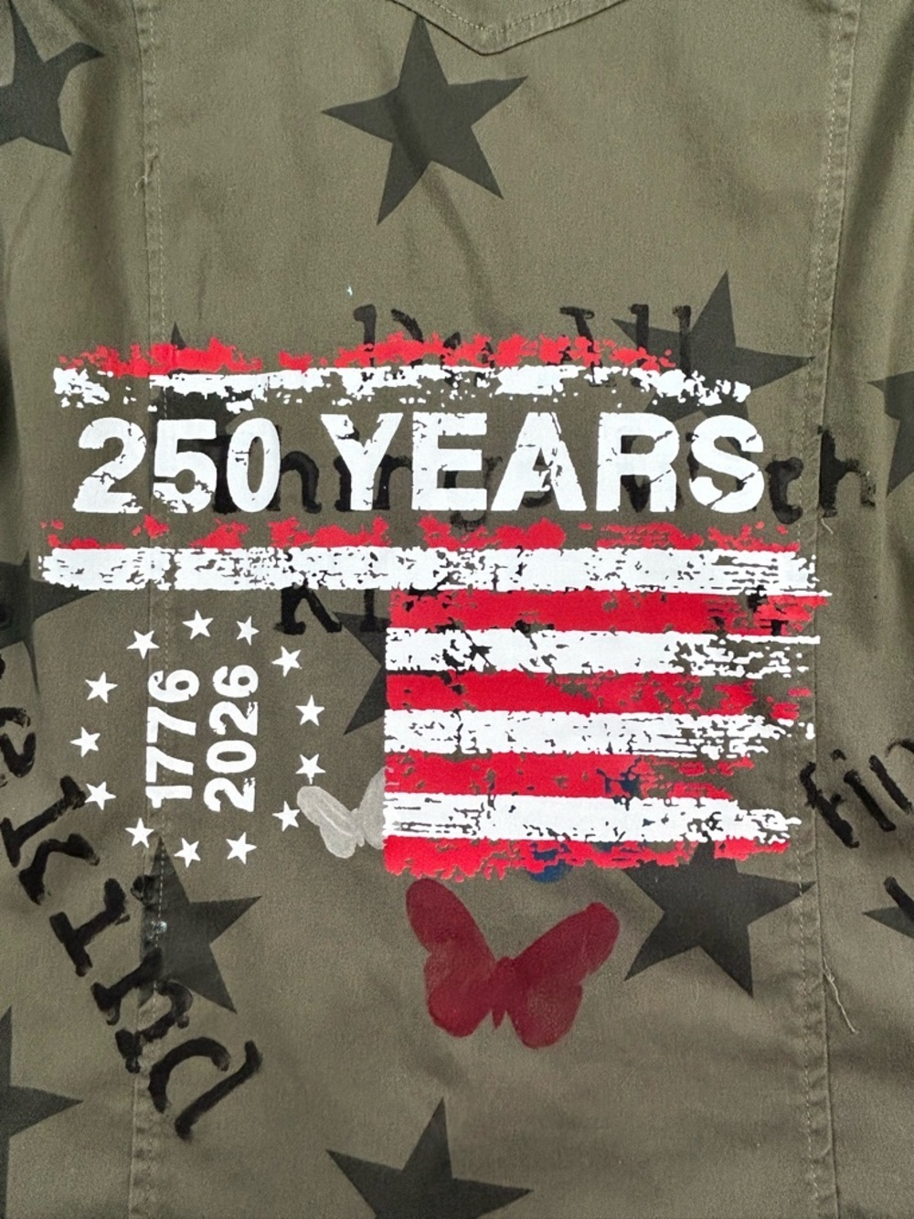 Knox Rose XL Olive Green Star Print Jacket USA Flag Patch 250 Years Graphic - Picture 5 of 15